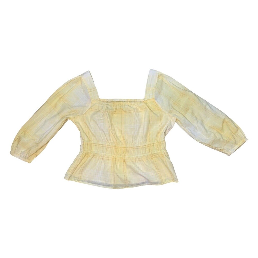 Free Assembly 3/4 Sleeve Square Neck Top Peplum Hem Cadmium Yellow Plaid Size XL